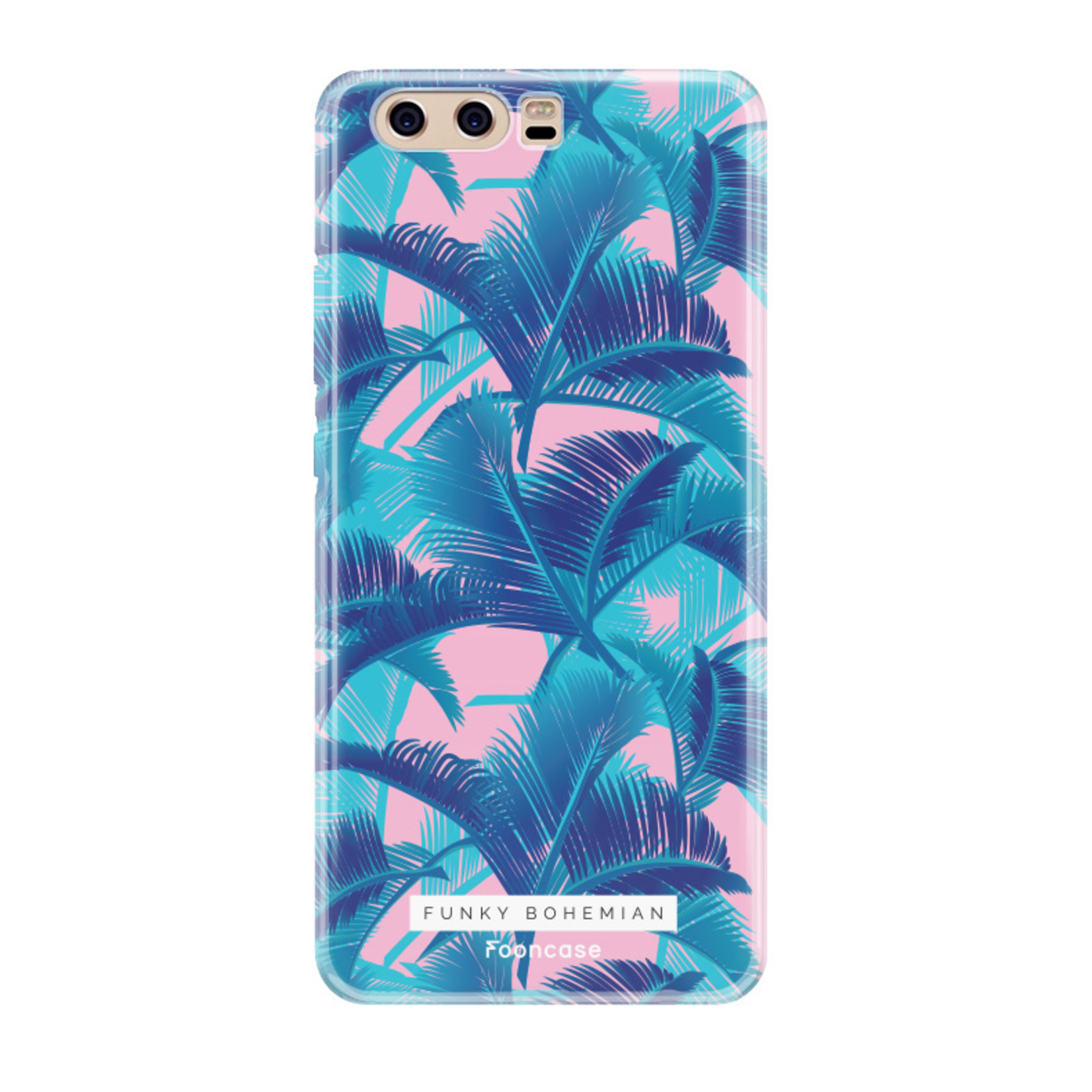 FOONCASE Fooncase Hoesje Geschikt voor Huawei P10 - Shockproof Case - Back Cover / Soft Case - Funky Bohemian / Blauw Roze Bladeren