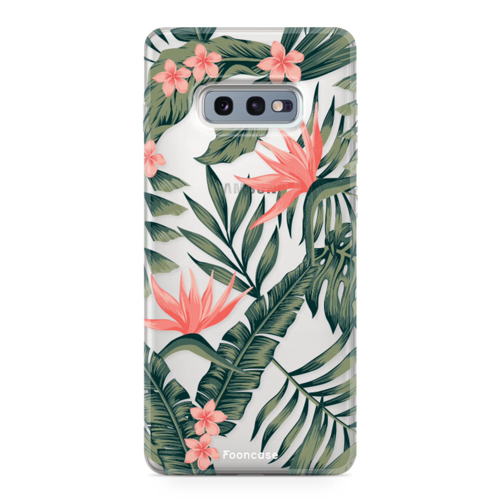 FOONCASE Fooncase Hoesje Geschikt voor Samsung Galaxy S10e - Shockproof Case - Back Cover / Soft Case - Tropical Desire / Bladeren / Roze