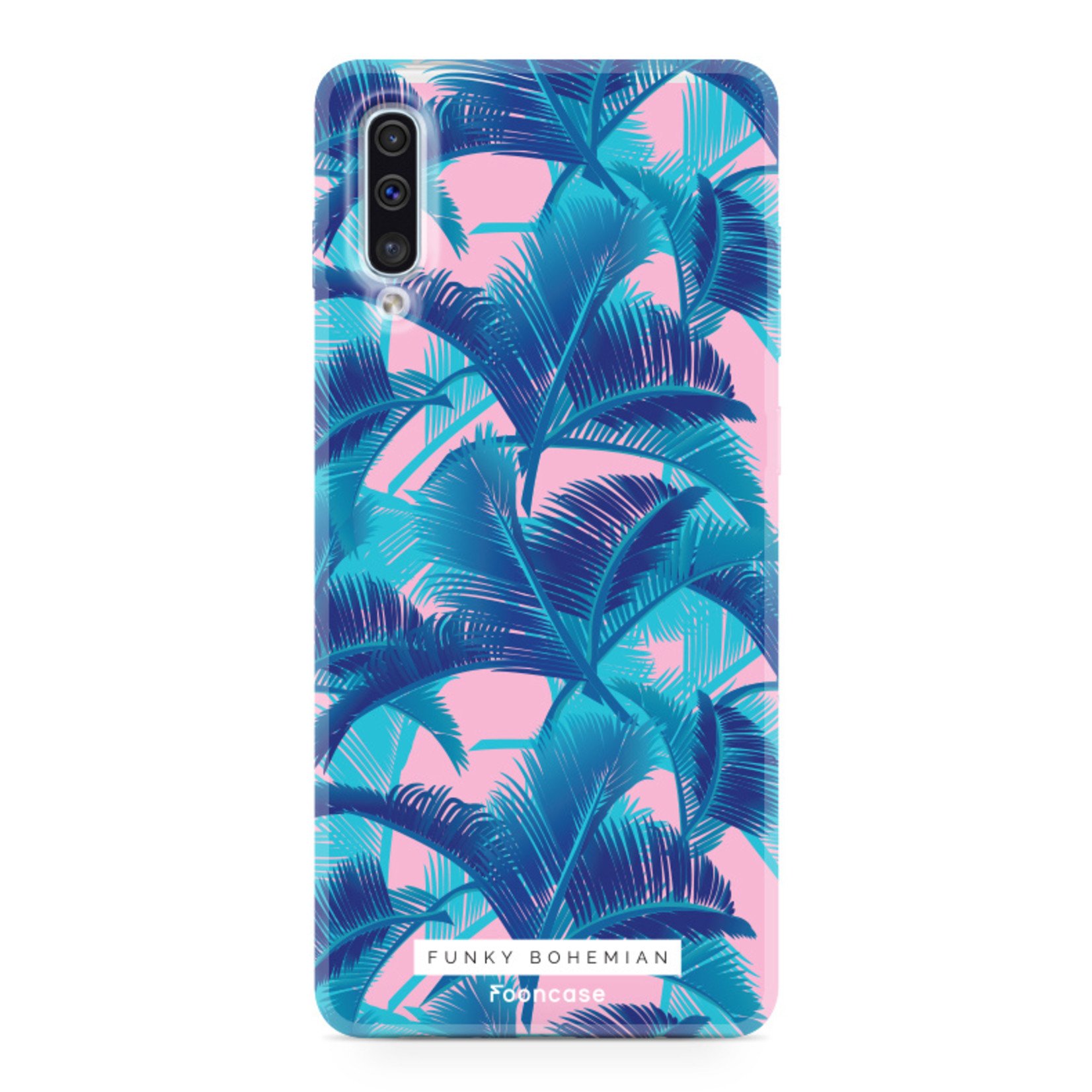 Fooncase Hoesje Geschikt voor Samsung Galaxy A70 - Shockproof Case - Back Cover / Soft Case - Funky Bohemian / Blauw Roze Bladeren