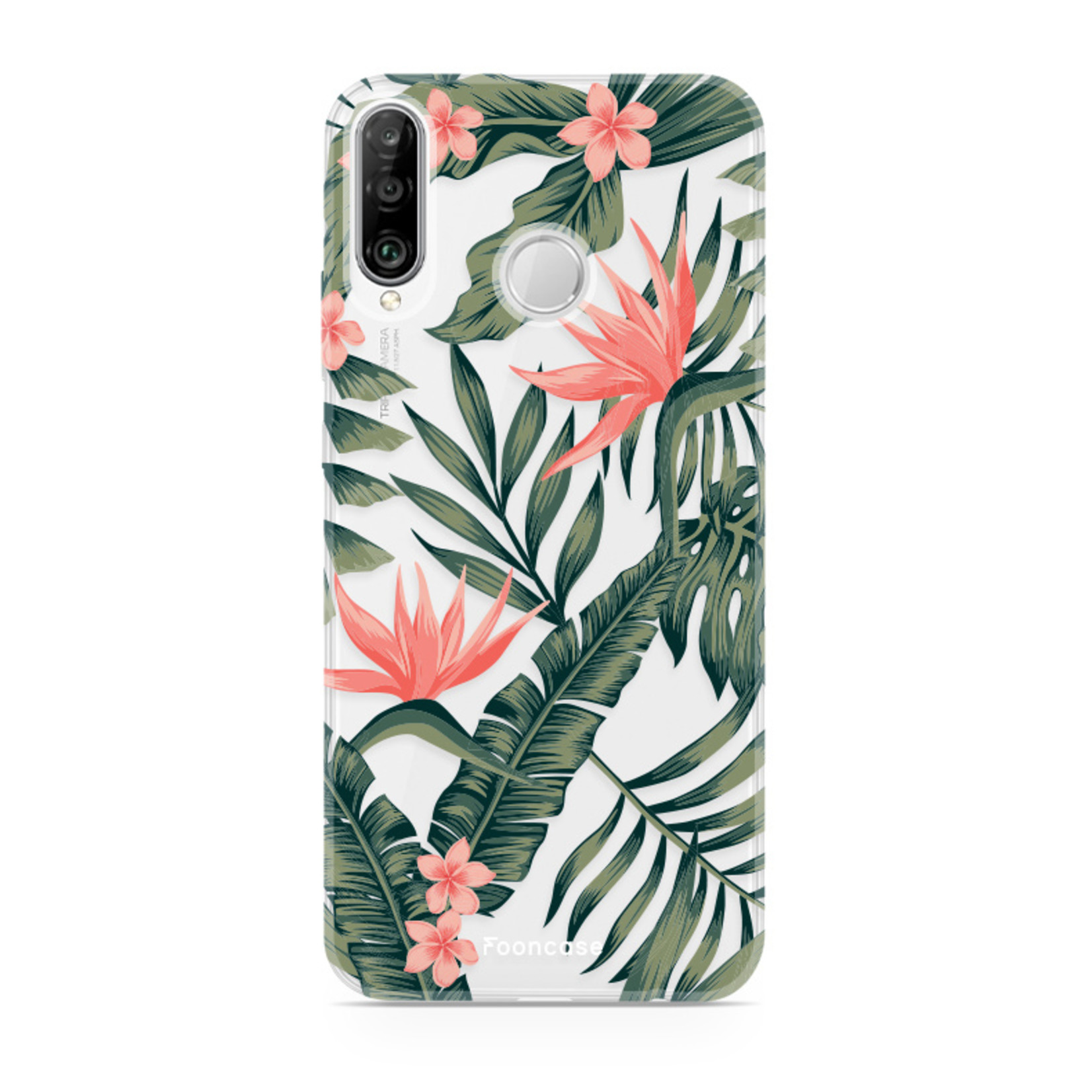 FOONCASE Fooncase Hoesje Geschikt voor Huawei P30 Lite - Shockproof Case - Back Cover / Soft Case - Tropical Desire / Bladeren / Roze
