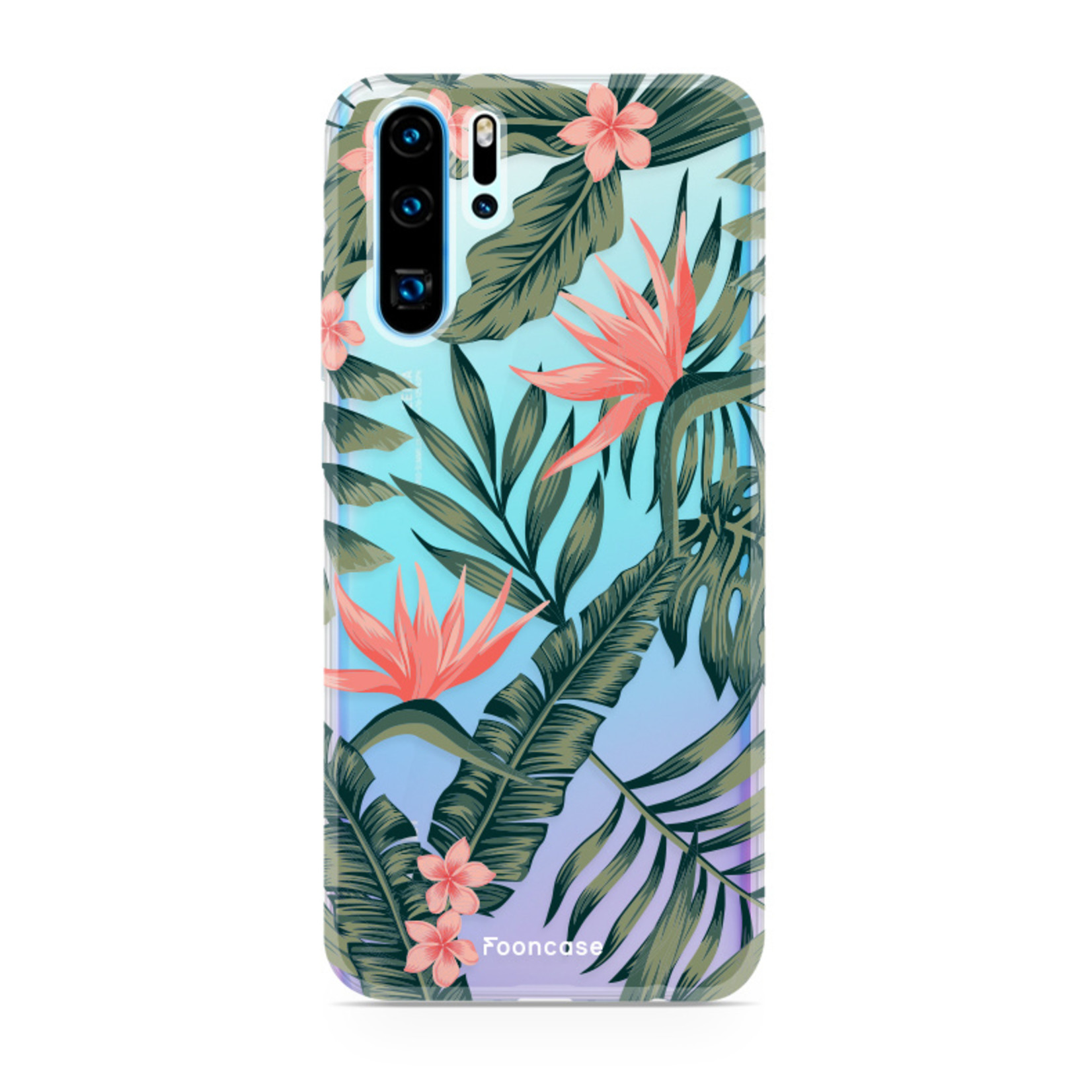 FOONCASE Fooncase Hoesje Geschikt voor Huawei P30 Pro - Shockproof Case - Back Cover / Soft Case - Tropical Desire / Bladeren / Roze