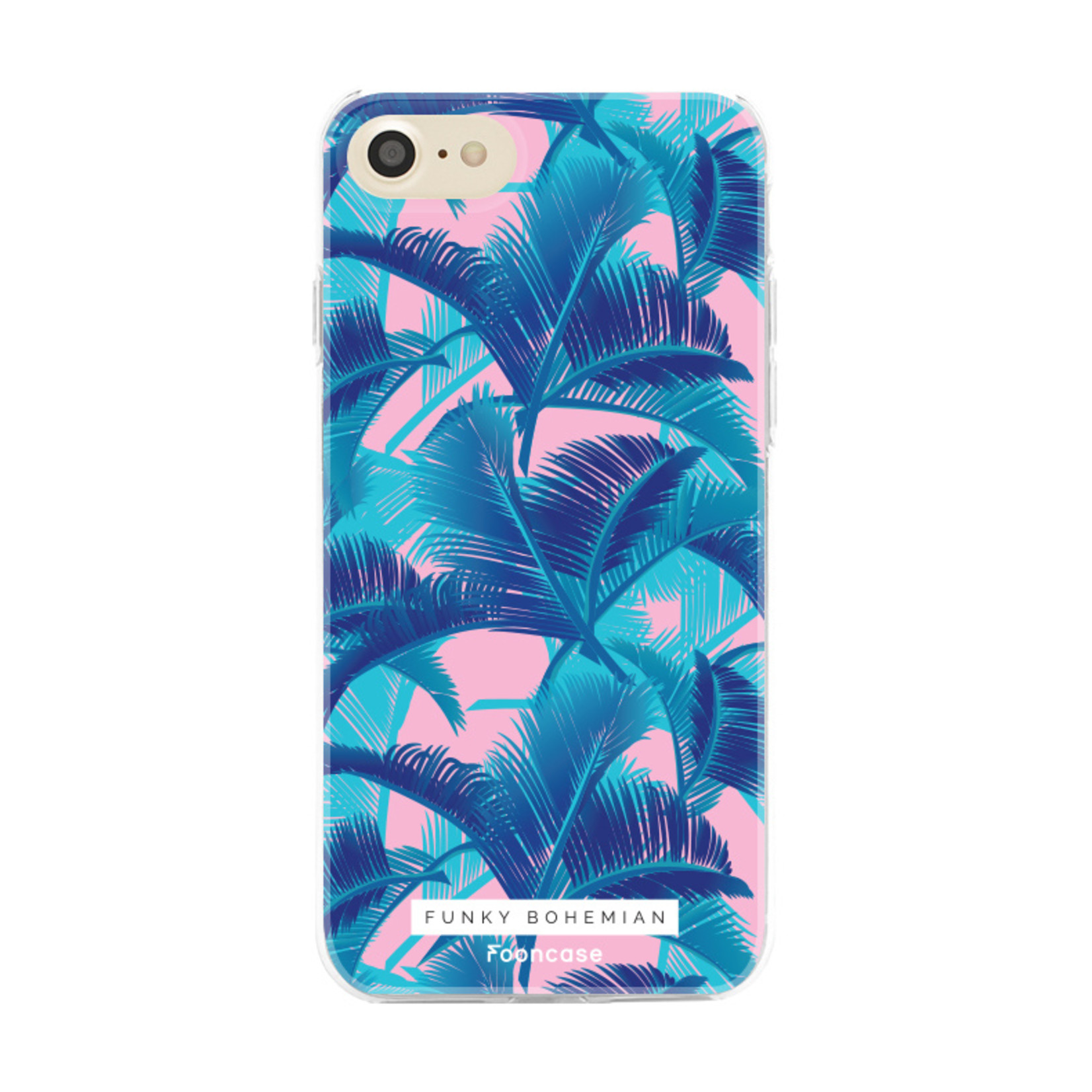 FOONCASE iPhone SE (2020) hoesje TPU Soft Case - Back Cover - Funky Bohemian / Blauw Roze Bladeren