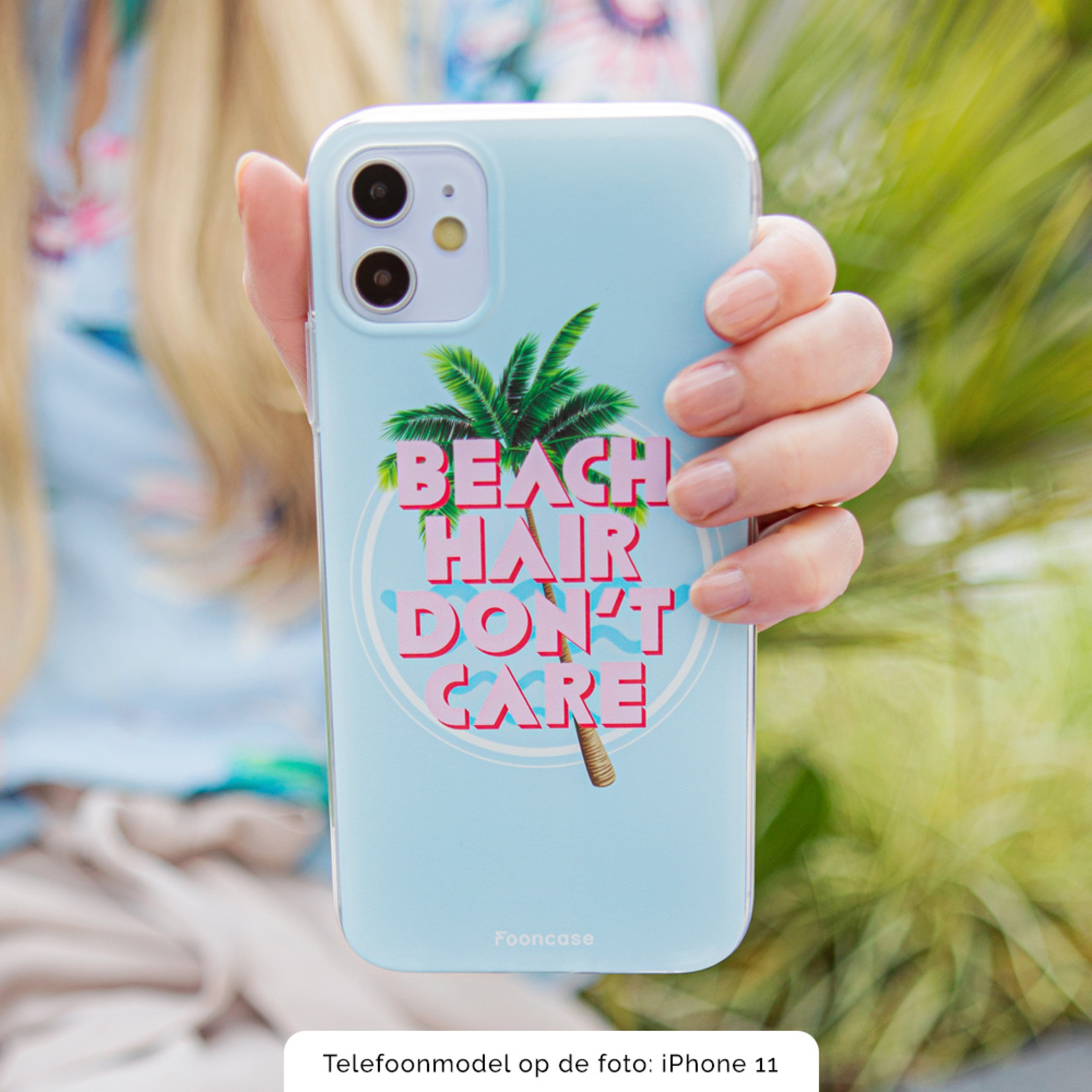 FOONCASE Fooncase Hoesje Geschikt voor iPhone XR - Shockproof Case - Back Cover / Soft Case - Beach Hair Don't Care / Blauw & Roze