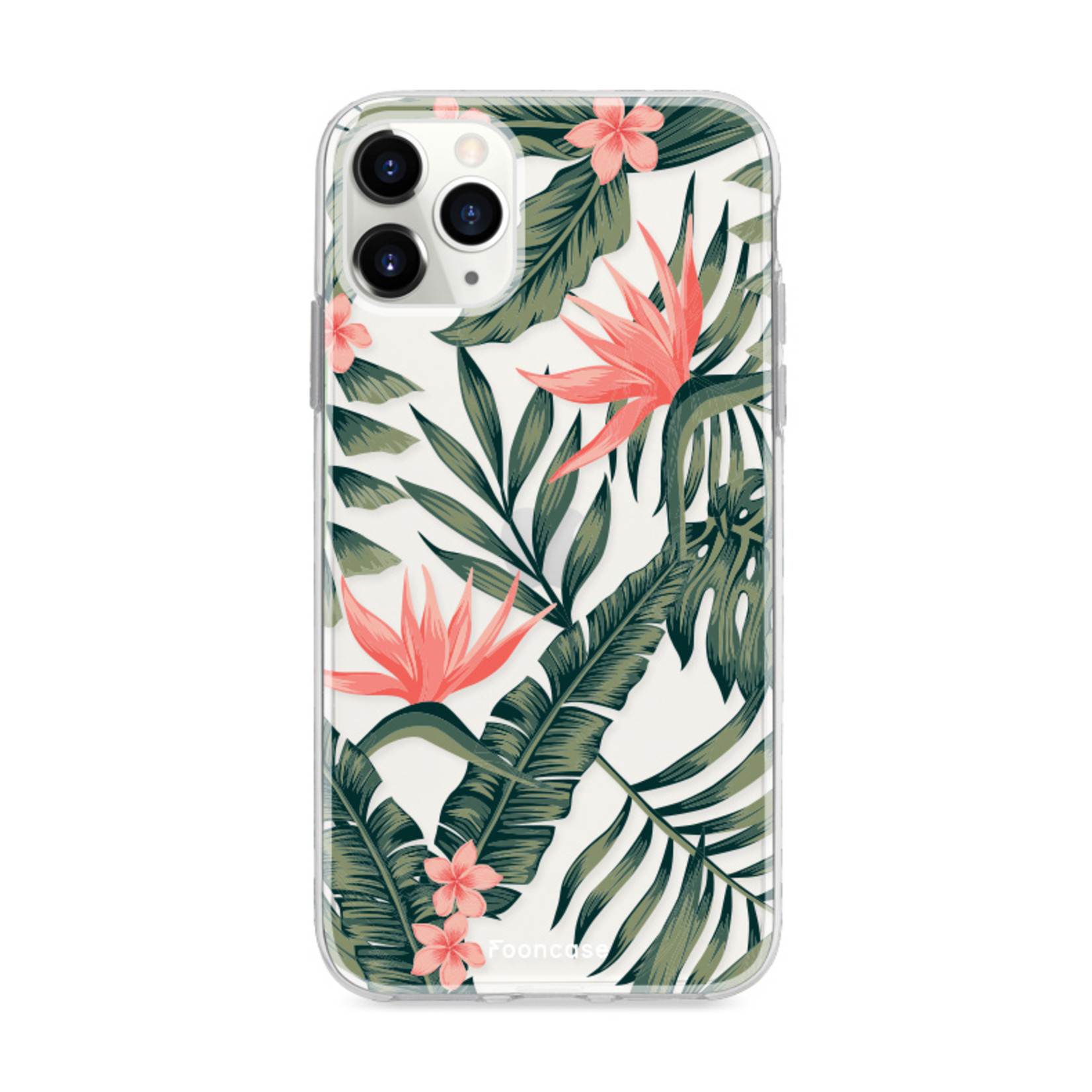 FOONCASE Fooncase Hoesje Geschikt voor iPhone 12 Pro - Shockproof Case - Back Cover / Soft Case - Tropical Desire / Bladeren / Roze