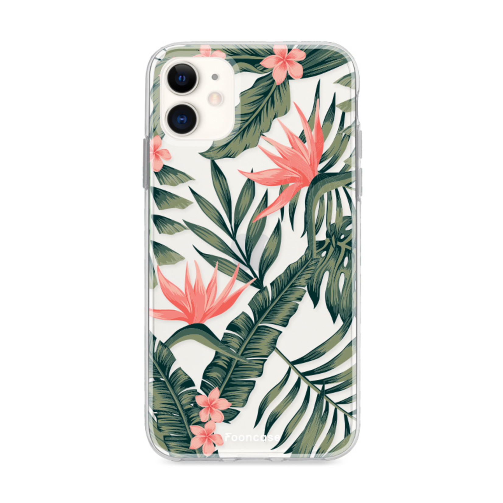 FOONCASE Fooncase Hoesje Geschikt voor iPhone 12 - Shockproof Case - Back Cover / Soft Case - Tropical Desire / Bladeren / Roze
