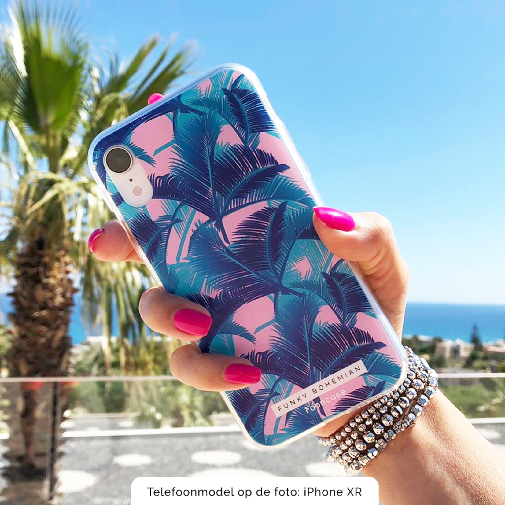 FOONCASE iPhone 12 hoesje TPU Soft Case - Back Cover - Funky Bohemian / Blauw Roze Bladeren
