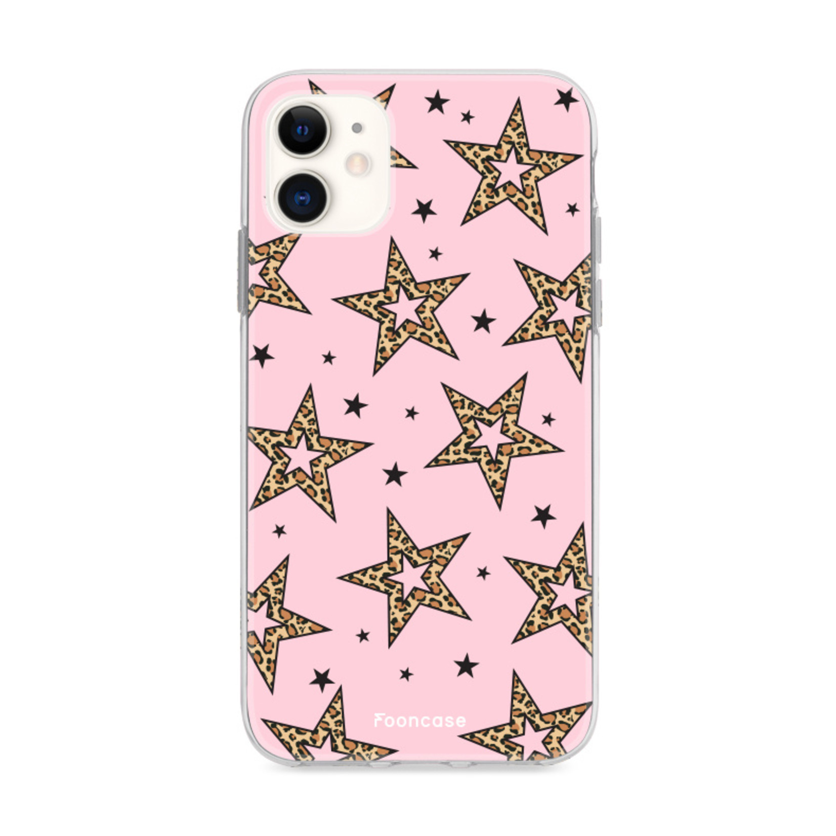 Fooncase Hoesje Geschikt voor iPhone 12 Mini - Shockproof Case - Back Cover / Soft Case - Rebell Leopard Sterren Roze
