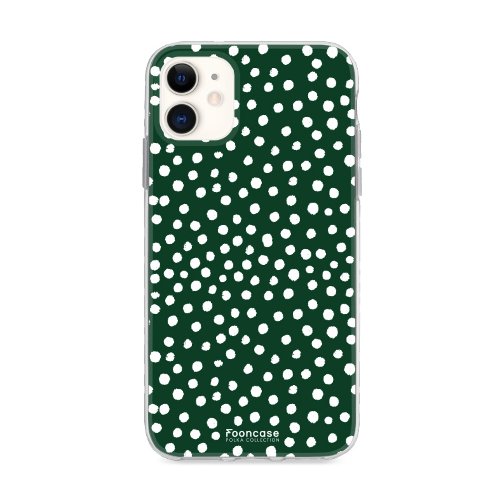 FOONCASE Fooncase Hoesje Geschikt voor iPhone 12 Mini - Shockproof Case - Back Cover / Soft Case - POLKA / Stipjes / Stippen / Donker Groen