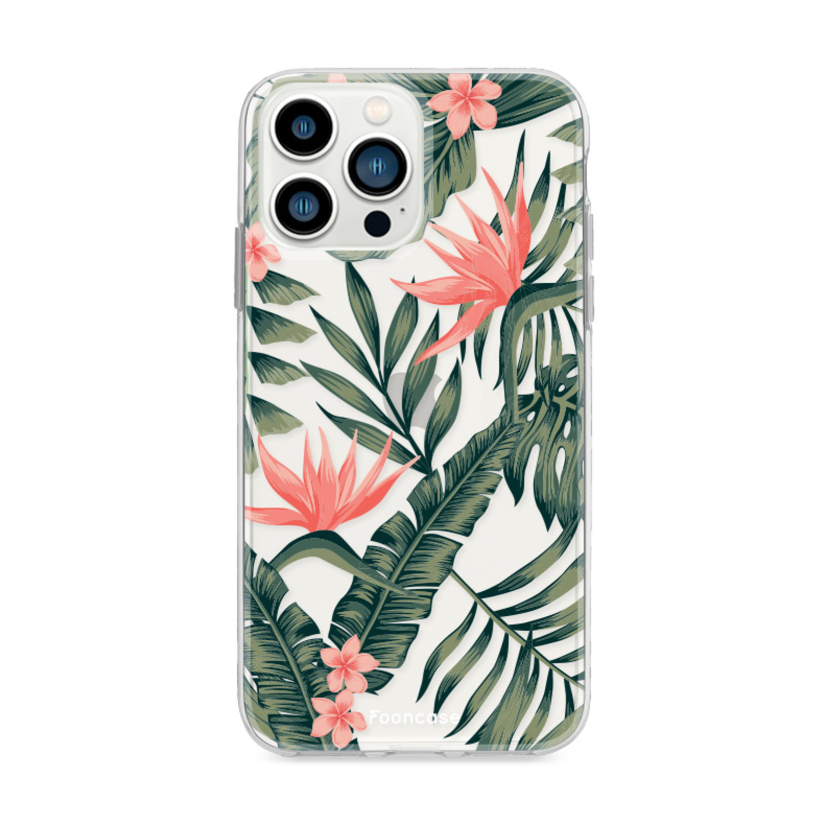 FOONCASE iPhone 13 Pro Max hoesje TPU Soft Case - Back Cover - Tropical Desire / Bladeren / Roze