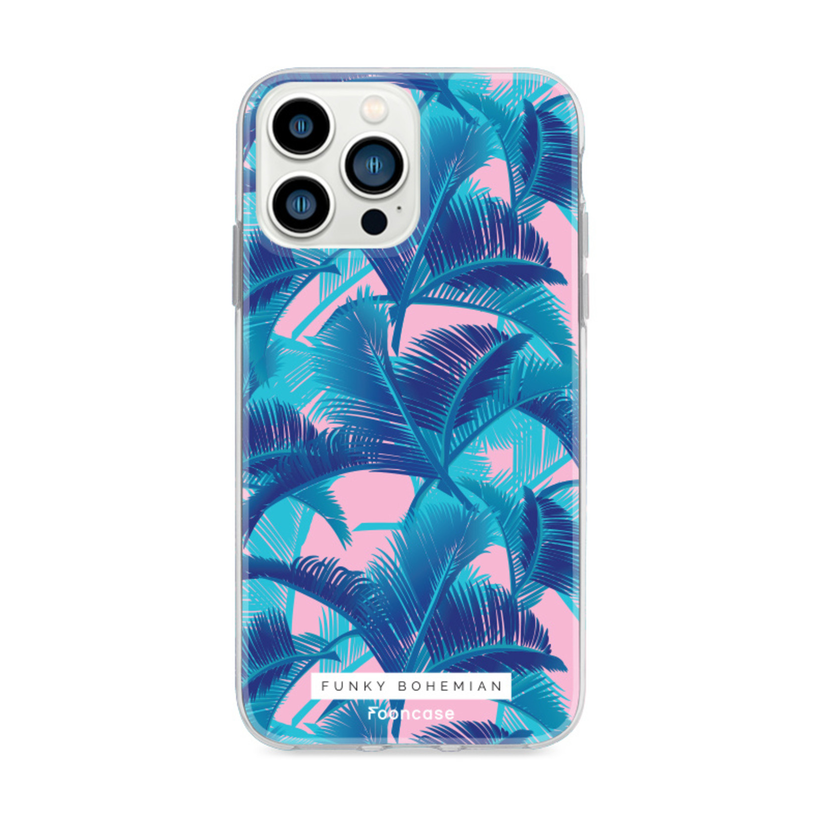 FOONCASE iPhone 13 Pro Max hoesje TPU Soft Case - Back Cover - Funky Bohemian / Blauw Roze Bladeren