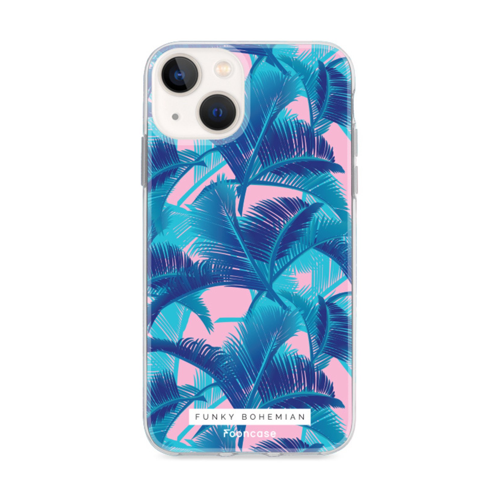 FOONCASE iPhone 13 Mini hoesje TPU Soft Case - Back Cover - Funky Bohemian / Blauw Roze Bladeren