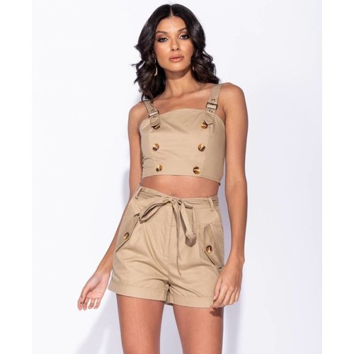 Ladylike Button detail buckle strap crop top camel Ladylike Button detail buckle strap crop top camel