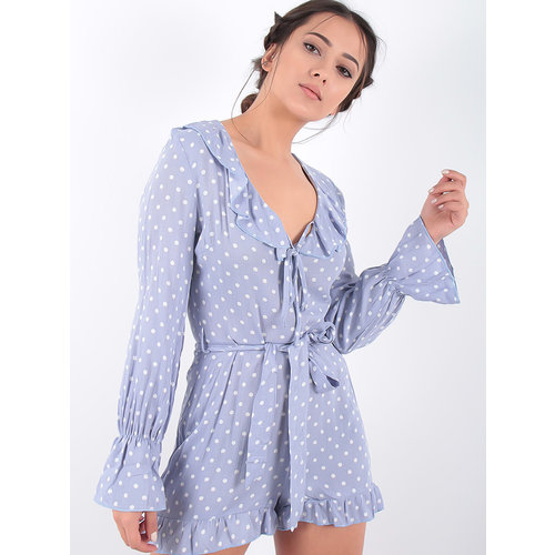 LADYLIKE FASHION Polka Dot Frill Detail Waist Tie Playsuit Blue LADYLIKE FASHION Polka Dot Frill Detail Waist Tie Playsuit Blue