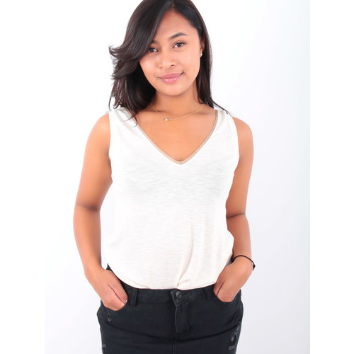 AN'GE - LADYLIKE FASHION Top V-Neck Gold Trim Ecru AN'GE - LADYLIKE FASHION Top V-Neck Gold Trim Ecru