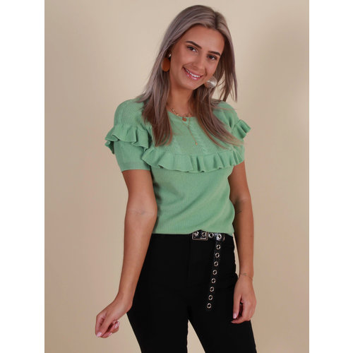BY CLARA Short Sleeve Jumper Ruffled Front Green BY CLARA Short Sleeve Jumper Ruffled Front Green