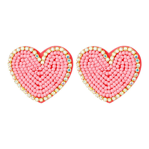 Beaded Earrings Heart With Rhinestones Pink Beaded Earrings Heart With Rhinestones Pink