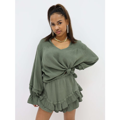 Katoenen Ruffle Skort Leger Groen Katoenen Ruffle Skort Leger Groen