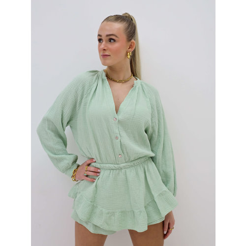 Cotton Long Sleeve Playsuit Mint Cotton Long Sleeve Playsuit Mint