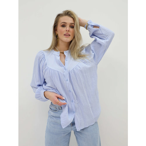 Katoenen Knoop Blouse Blauw Katoenen Knoop Blouse Blauw