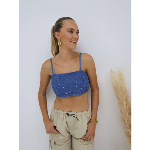 Korte Denim Top Strass Blauw Korte Denim Top Strass Blauw
