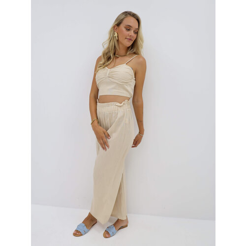 Linnen Broek Elastische Taille Beige Linnen Broek Elastische Taille Beige