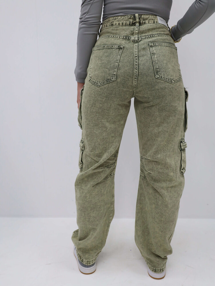 Wide Cargo Pants Pockets Washed Green - LADYLIKE FASHION