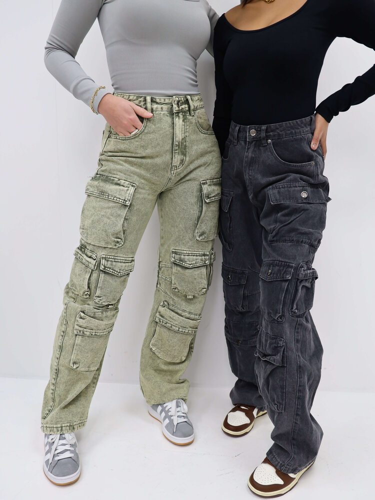 Wide Cargo Pants Multi Pockets Grey - LADYLIKE FASHION