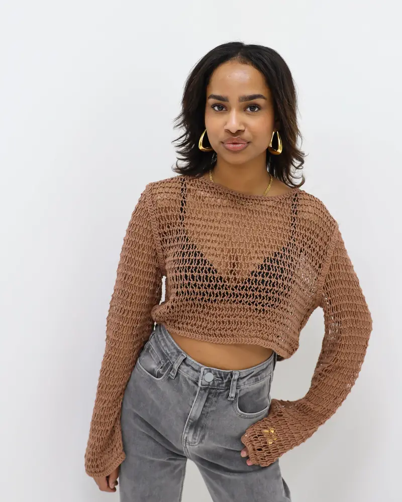 Gehaakte Top met Lange Mouwen Bruin LADYLIKE FASHION