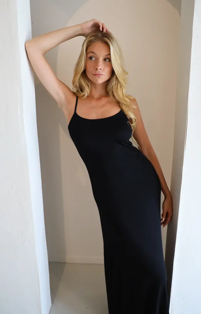 Long black strappy dress sale