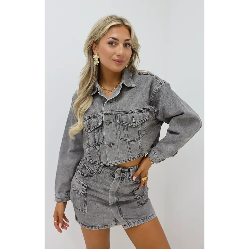 Cropped Denim Jacket Grey LADYLIKE FASHION
