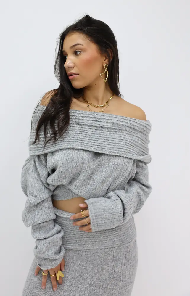 Gebreide Off Shoulder Trui Grijs LADYLIKE FASHION