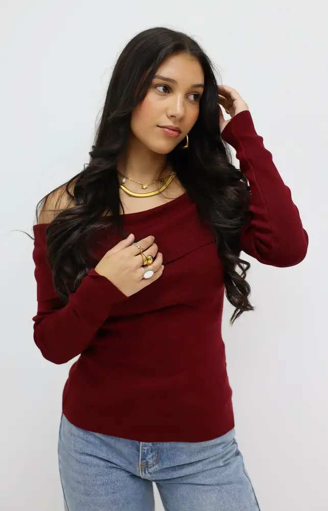 Basic Off Shoulder Top Lange Mouw Bordeaux LADYLIKE FASHION