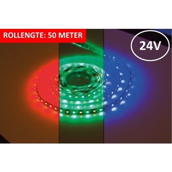 Led Strip ROL 50 Meter 5050SMD, 12w/m, 72 led/m, 900Lm/m, RGB+3000K, 24v, IP33, 12mm, 3 Jaar garantie