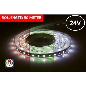 Led Strip ROL 50 Meter 5050SMD, 12w/m, 72 led/m, 900Lm/m, RGB+4000K, 24v, IP33, 12mm, 3 Jaar garantie