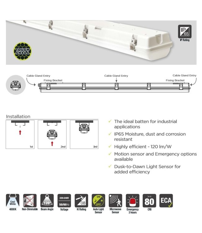 UITVERKOOP: Toughshell LED Batten 150cm, 63w, 7500Lm (120lm/w), Tridonic Driver, IP65, IK08, 3 Jaar Garantie