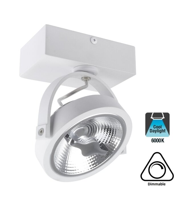 Opbouw LED Spot AR111, 15w, 800 Lumen, Dimbaar, Wit Armatuur, 3 Jaar Garantie