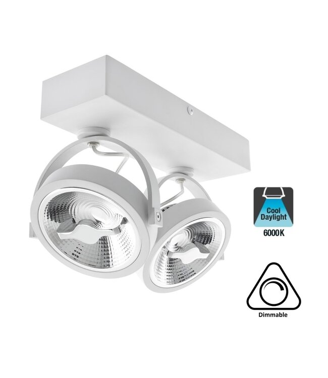 Opbouw LED Spot 2x AR111, 30w, 1600 Lumen, Dimbaar, Wit Armatuur, 3 Jaar Garantie