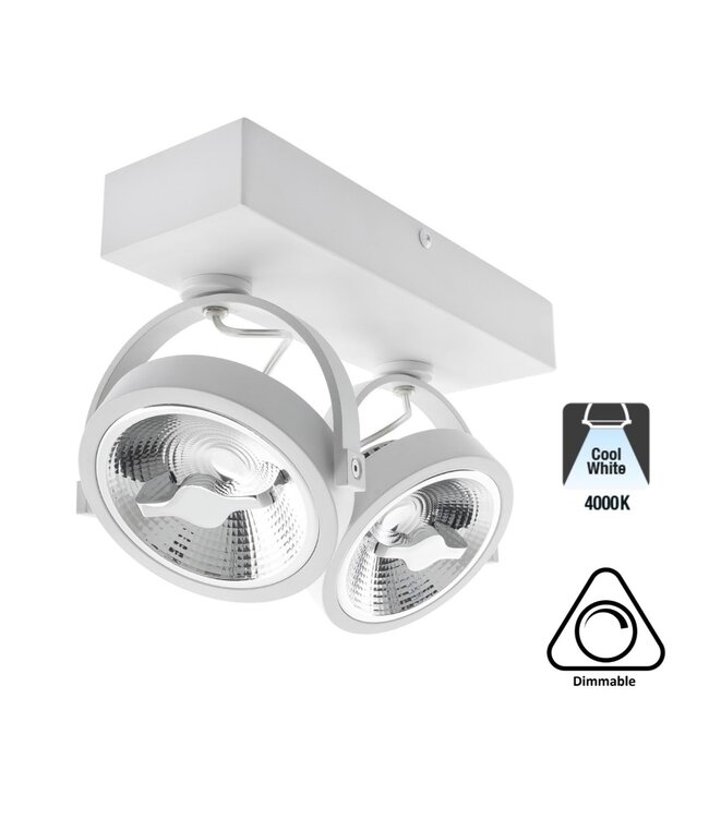 Opbouw LED Spot 2x AR111, 30w, 1600 Lumen, Dimbaar, Wit Armatuur, 3 Jaar Garantie