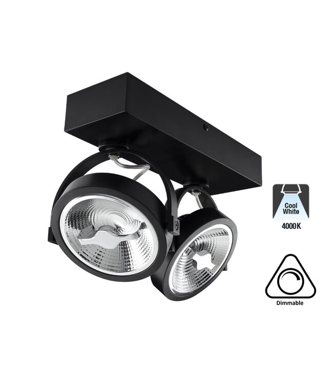 Opbouw LED Spot 2x AR111, 30w, 1600 Lumen, Dimbaar, Zwart Armatuur, 3 Jaar Garantie