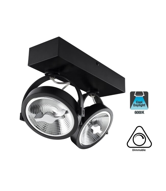 Opbouw LED Spot 2x AR111, 30w, 1600 Lumen, Dimbaar, Zwart Armatuur, 3 Jaar Garantie