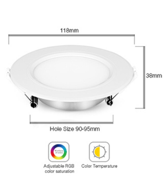 MiBoxer LED Downlighter 6w RGB + CCT, 2.4Ghz, 550 Lumen, Gatmaat 95mm, 2 Jaar Garantie - FUT068
