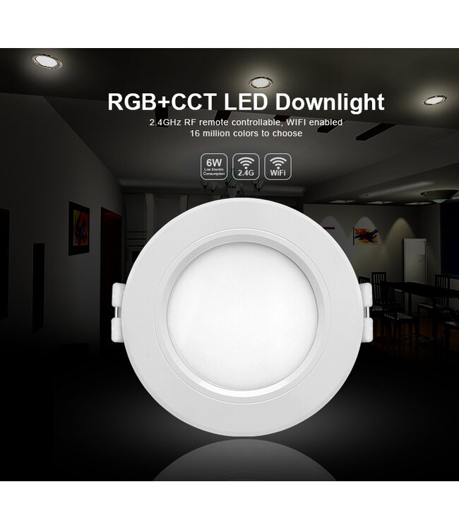 MiBoxer LED Downlighter 6w RGB + CCT, Wifi/RF, 550 Lumen, Gatmaat 95mm, 2 Jaar Garantie