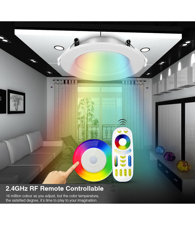 MiBoxer LED Downlighter 6w RGB + CCT, 2.4Ghz, 550 Lumen, Gatmaat 95mm, 2 Jaar Garantie - FUT068