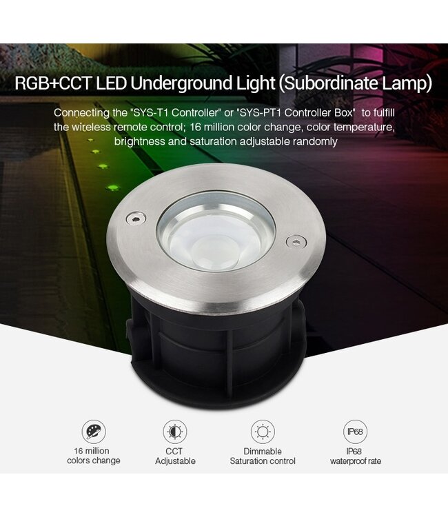 MiBoxer LED Grondspot 5w, RGB+CCT Wifi/RF, 350 Lumen, IP68, 24v, 2 Jaar Garantie