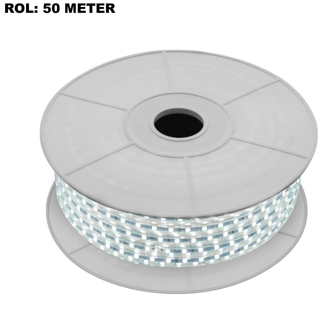 LED Lichtslang 6000K Koel Wit, Rol: 50 Meter, 5w/m, 60 leds/m, 500lm/m, IP65, 230V, 2 Jaar Garantie