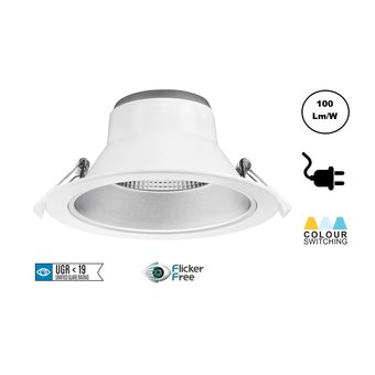 CCT Reflector Led Downlighter 20w, 1700-2000 Lumen, gatmaat Ø145mm, UGR19, Stekkerklaar, 3 Jaar Garantie