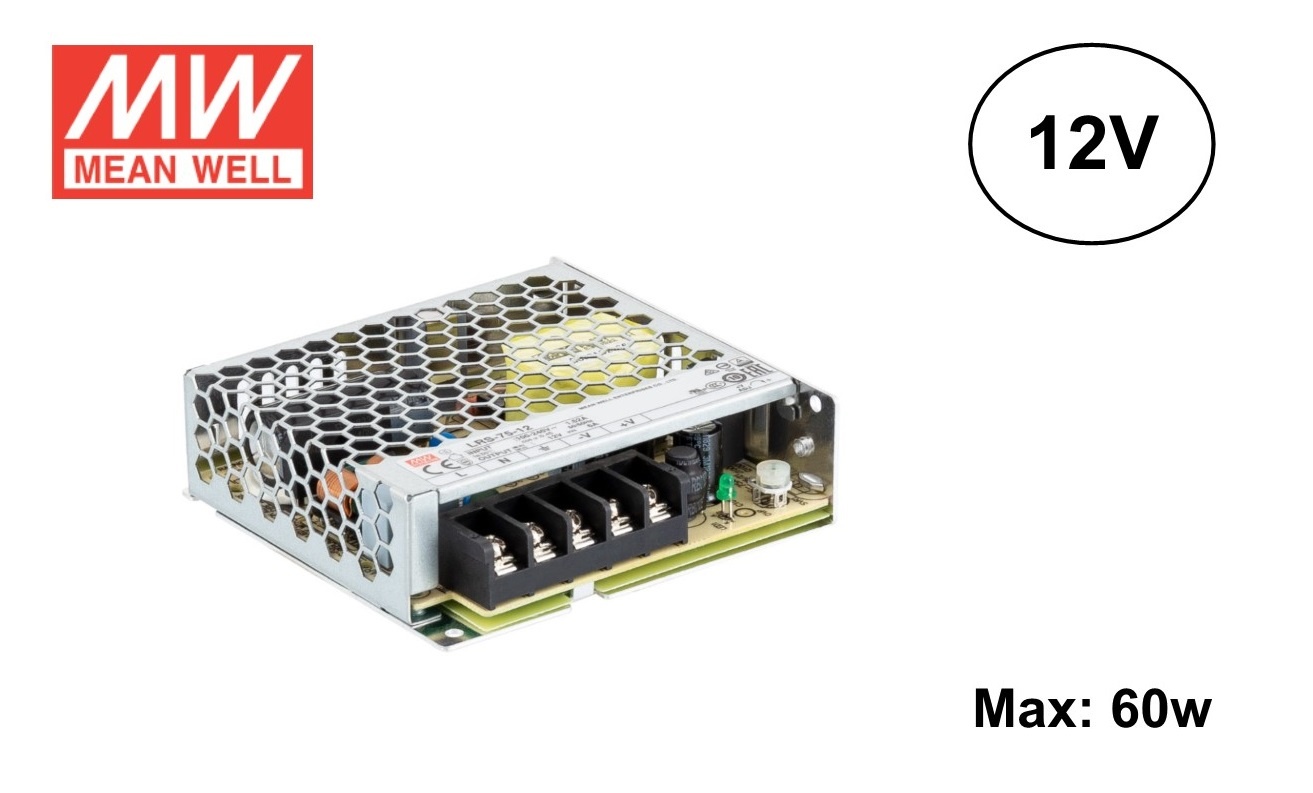 MeanWell Led Strip voeding 12V/75W/6,2A, Max: 60w, 2 Jaar Garantie