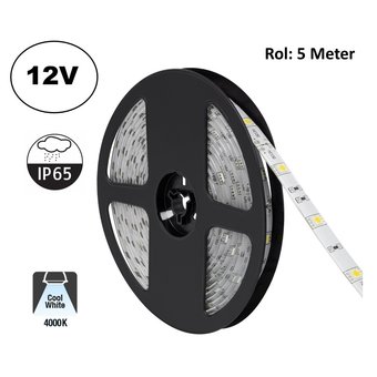 UITVERKOOP: Led Strip ROL 5 Meter 5050SMD, 4,8w/m, 30 led/m, 400Lm/m, 4000K Neutraal wit, 12v, IP65, 10mm