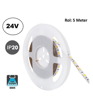 UITVERKOOP: Led Strip ROL 5 Meter 5050SMD, 13,6w/m, 60 led/m, 1320Lm/m, 6000K Daglicht wit, 24v, IP20, 10mm