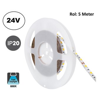 UITVERKOOP: Led Strip ROL 5 Meter 5050SMD, 13,6w/m, 60 led/m, 1320Lm/m, 6000K Daglicht wit, 24v, IP20, 10mm